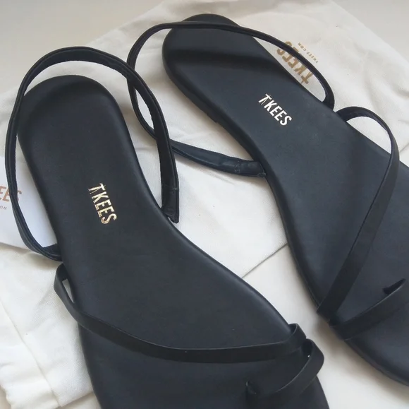 Tkees LC Sandals Leather Black Slingback Strappy Flats 9 - Picture 12 of 15